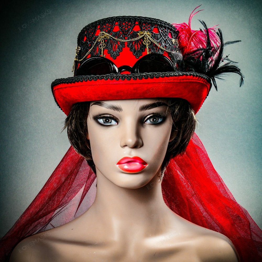 Red Gothic Goggle Women Elegant Party Hat Steampun
